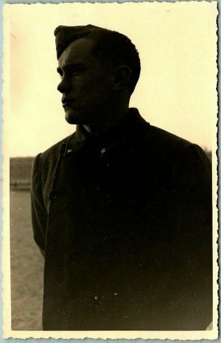 Vintage Rppc Real Photo Postcard Young Soldier In Shadow C1940s Wwii France