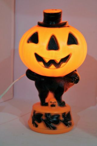 Vintage Blow Mold Light Halloween Black Cat Jack O Lantern Trick Treat Pumpkin