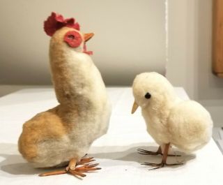 Rooster And Chick.  Wire Feet.  Japan.  1930s.  So Very Cute