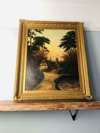 Antique Early 19th Century Oil Painting Dark Countryside Setting With A Cottage