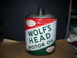 Vintage Wolfs Head Motor Oil Five 5 Gallon Can Older Wooden Handle