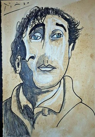 Pablo Picasso Chagall Portrait Watercolor Drawing Painting.  Signed.