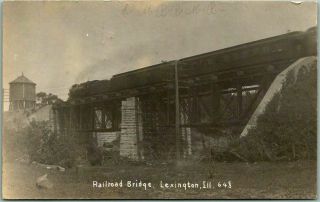 Lexington,  Illinois Rppc Real Photo Postcard " Railroad Bridge " Train 1907 Cancel