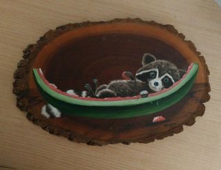 Racoon & Watermelon Slice Signed By Artist Hand Painted Wood C Harrington 88 Euc