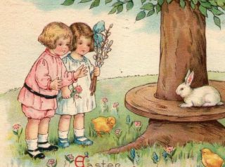 C 1922 Stecher Easter Postcard Sweet Children Boy Girl Bunnies Chicks Flowers
