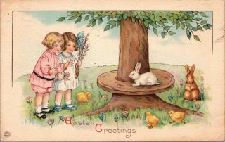 c 1922 Stecher Easter Postcard Sweet Children Boy Girl Bunnies Chicks Flowers 2