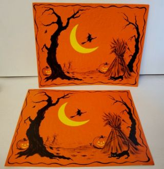 Vtg Halloween Placemats Set Of 7 Textured Pumpkin Witch Party