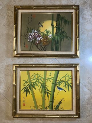 Asian Bird Painting Bamboo 2 Framed Signed Art Hand Painted Oriental Floral