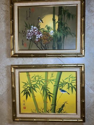 Asian BIRD Painting Bamboo 2 Framed Signed Art Hand Painted Oriental Floral 2