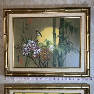 Asian BIRD Painting Bamboo 2 Framed Signed Art Hand Painted Oriental Floral 3