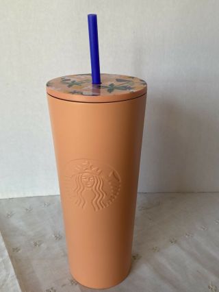 Starbucks Summer 2020 24oz Peach Matted Stainless Steel Tumbler With Floral Top