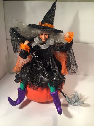 Large Halloween Witch Doll With Broom And Hat Black Purple Orange Green Color
