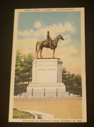 General Thomas J.  Stonewall Jackson Monument Richmond,  Va Linen Postcard