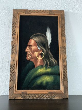 Vintage Juarez Mexico Native American Oil On Velvet Painting Carved Wooden Frame