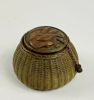 Antique Meiji Period Japanese Bronze Fish Basket Inkwell