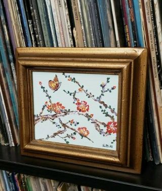 Vintage Small " Spring Flight " Oil Painting Of Flowers Butterfly Signed Framed