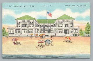 Atlantic Hotel Ocean City Maryland Vintage Linen Advertising Postcard 1940s