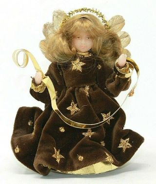 Vintage Wax Head Angel Drozd West Germany,  Brown Velvet Feather Wings 6 " Vguc