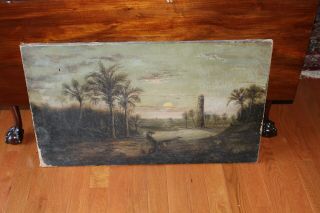 Antique Florida Highwaymen Oil On Canvas Painting Landscape Palm Tree Lighthouse