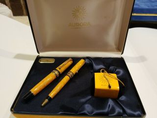 Aurora Limited Edition Yellow And Gold Fountain And Ballpoint Pen Set 18kt