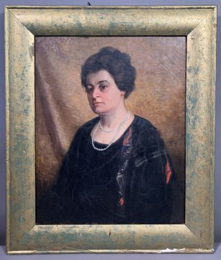 1927 Antique Art Deco Era Lady W/ Pearls Old Mourning Portrait Painting Frame