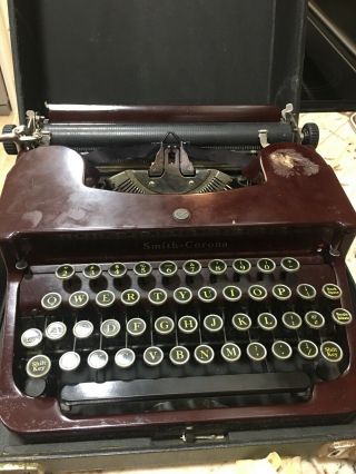 Antique Typewriter L C Smith & Corona Typewriter - Burgundy Bolted To Case