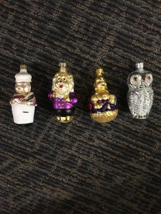 4 Vintage Hand Blown Glass Figural Christmas Ornaments Czech Owl Lion Buddha