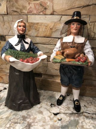 Vintage Ceramic Thanksgiving Pilgrim Couple Set Statue Figurine Autumn Euc 12”