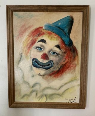 Vintage Sad Sleepy Creepy Clown Painting Canvas Board Framed Signed