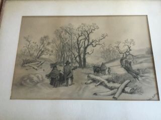 Charming Antique Victorian Charcoal Pastel Drawing Family In Woods Dated 1893
