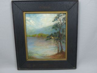 Antique Arts And Crafts Landscape Oil Painting In Oak Frame Signed