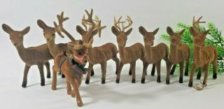 Vintage Flocked Fuzzy Felt Christmas Reindeer Set Of 8 6 1/2 Inch Tall 5 " Wide