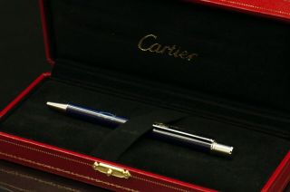 Cartier St150200 Line & Logo Blue Lacquer Palladium Finish Ballpoint Pen C54