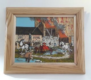 H.  Hargrove Oil Painting Vintage Signed Barn Fire Fire Truck Oak Frame 8 " X 10 "