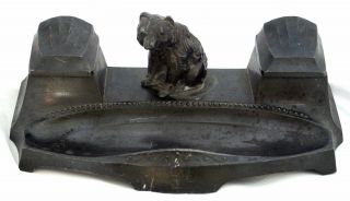 Antique German Metal Inkwell With Bear Ink Pen Stand 19c Hunting Art Deco