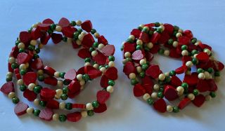 2 - Wooden Garland Red Hearts Green & Natural Wood Beads Christmas Garland 9’ Vtg