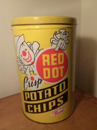 Vintage Red Dot Potato Chips Tin 11 - 3/8 " H X 7 - 1/2 " W Clown Symbol 1 Lb Euc