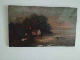 Early Oil On Canvas Painting Of Lake Landscape W/ Boat House & Row Boat