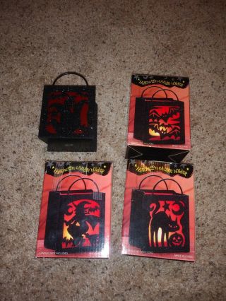 5 " Halloween Metal Glitter Tea Light Trick Or Treat Bag Candle Holder Set Of 4