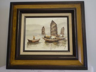 Seascape Junk Boats Signed P.  Wong Certif.  Oil /canvas Framed Vintage