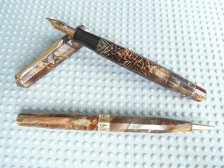 Vintage Brown Marbled Wahl Eversharp Doric Fountain Pen And Mech.  Pencil Set