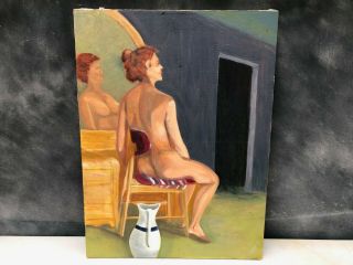 Vintage Oil Painting Nude Women In Mirror Study