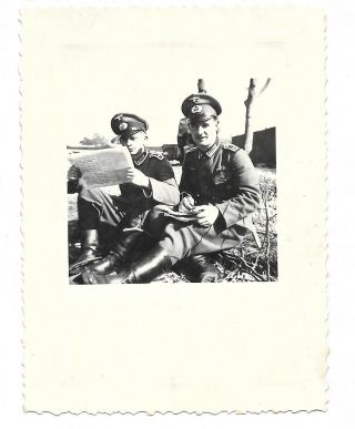 German Ww2 Photo 2 Army Sergeants Ribbon Bars Read Newspaper Visor Caps More C47