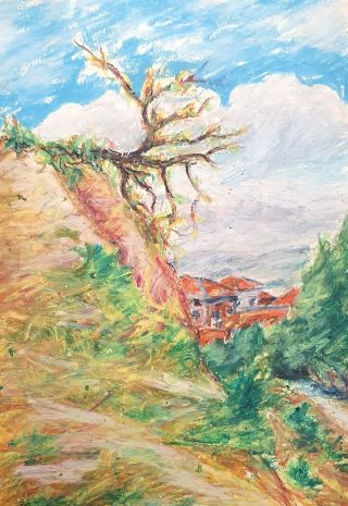 Vintage Expressionist Pastel Painting Landscape Mountain