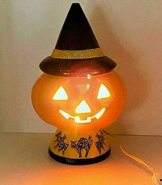 Vintage Halloween Ceramic Light Up Jack O Lantern Pumpkin W/ Witch Hat Cat Bats
