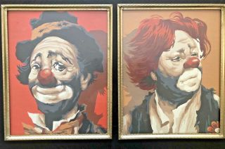 2 Vtg Clown Paint By Number Emmett Kelly Mid Century Hobo Circus 1960s Framed