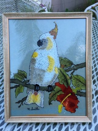 Vintage Reverse Painting On Glass Cockatoo Tropical Red Hibiscus Artist Signed