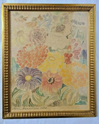 1920 Vintage Floral Watercolor By Irene Hannelius With Gilded Frame