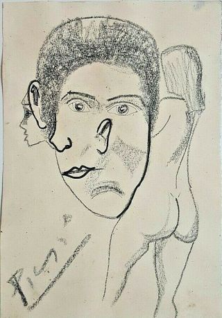 Jean Cocteau Portrait Pablo Picasso Crayon Drawing Painting.  Signed.