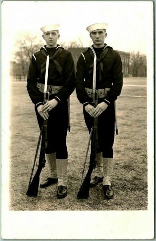 Vintage 1940s Wwii Real Photo Rppc Postcard 2 Young Sailors In Uniform W/ Rifles